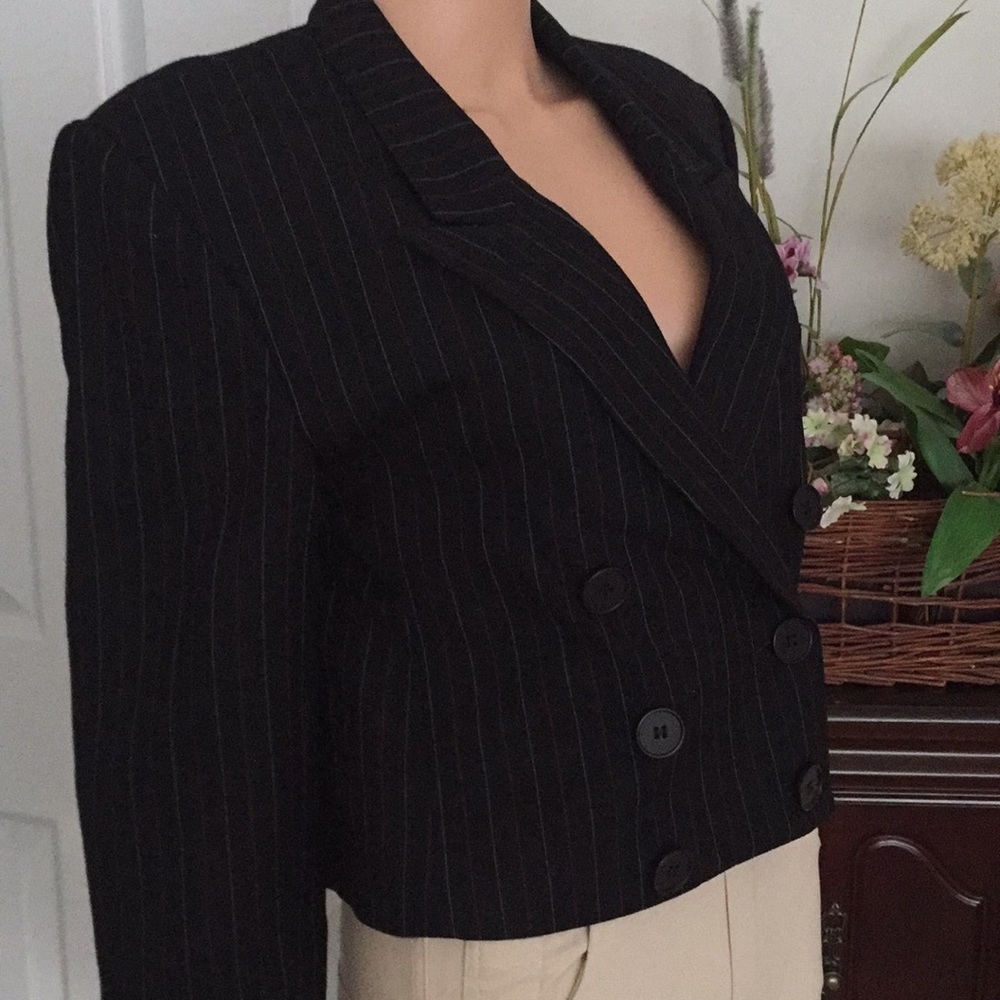 Vintage Evan Picone Virgin Wool Cropped Double Breasted Pinstriped Blazer Size 8 - Picture 7 of 11